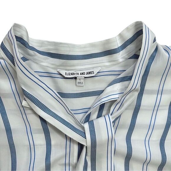 Elizabeth And James Blue Stripe Tie Neck Tunic Button Down Blouse Size Large - Picture 6 of 11